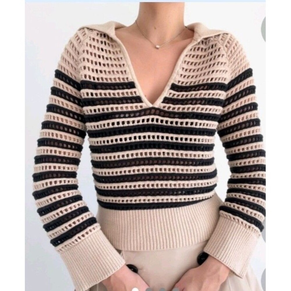 J.Crew Crochet Sailor-Collar Sweater Black Cream Nautical Boho 100% Cotton Sz L